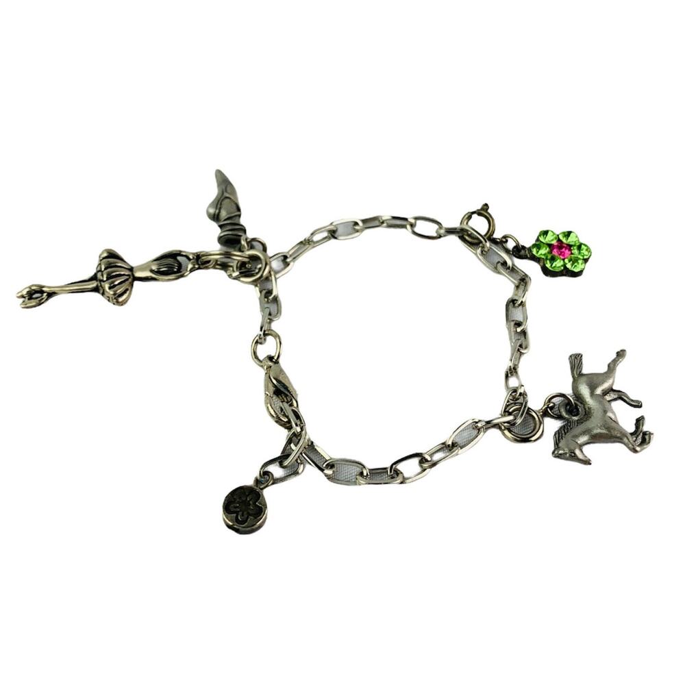 Silvertone Charm Bracelet High Intencity Ballerina Horse Flower 8"